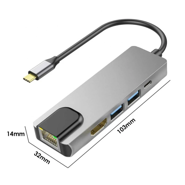 Alt view image 3 of 6 - 5-in-1 Type-C Hub Docking Station USB-C to Gigabit Ethernet Adapter, HDMI 4K, USB 3.0 x2, USB-C PD, USB-C Hub for Laptop / MacBook / Tablet