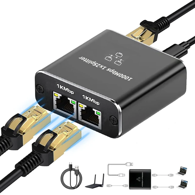 Alt view image 8 of 14 - Gigabit Ethernet Splitter 1 to 2, 1000Mbps Ethernet Splitter High Speed -2 Devices Simultaneously Networking,Either Internet Splitter with USB Power Cable, RJ45 LAN Splitter for Cat 5e/5/6/7/8 Cable