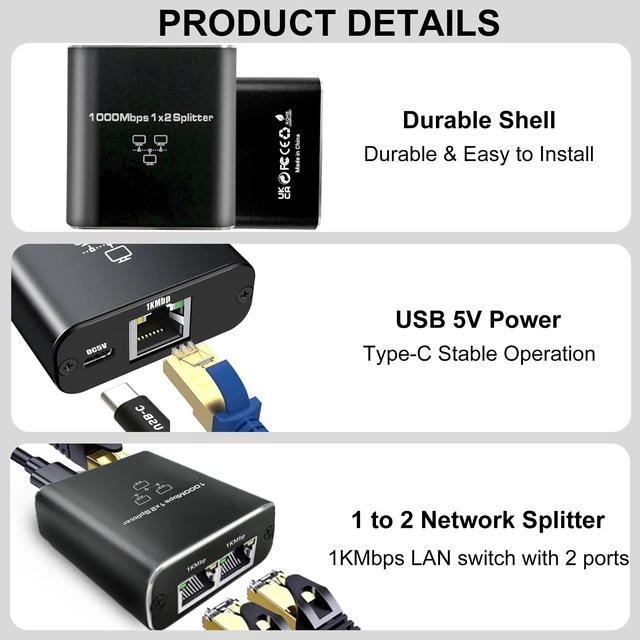 Alt view image 9 of 14 - Gigabit Ethernet Splitter 1 to 2, 1000Mbps Ethernet Splitter High Speed -2 Devices Simultaneously Networking,Either Internet Splitter with USB Power Cable, RJ45 LAN Splitter for Cat 5e/5/6/7/8 Cable