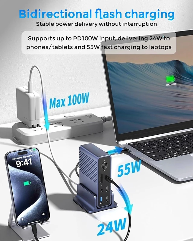 Alt view image 7 of 7 - Laptop Docking Station, 15-in-1 USB-C Docking Station, Triple Display, 10Gbps USB A/C Ports, Gigabit Ethernet, 100W PD, 3.5mm Audio, for Win/Mac