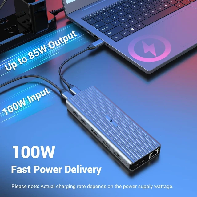 Alt view image 2 of 7 - USB C Docking Station, 15 in 2 USB C Hub, 2 HDMI, 1 VGA, 2 USB C Ports, USB C 3.0 Transfer Rates, 4 USB A Ports, 1 USB C PD Charging Port, Gigabit Ethernet, Audio in/Out, and SD/TF Card Slot