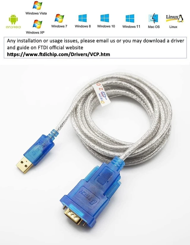 Alt view image 11 of 14 - USB to Serial Adapter Cable 16 ft DB9 Male RS232 to USB Cord with FTDI Chip Supports Windows 11 10 8 7 Mac Linux (5m)