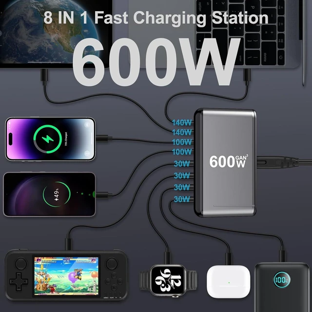 Alt view image 5 of 7 - USB C Charger Block 600W 8 Port GaN Fast Charging Station Hub for Laptop iPad iPhone 17 Pro Max Fast Charger Pixel MacBook Pro/Air Galaxy S25 Steam Deck USB C 140W Adapter for Android