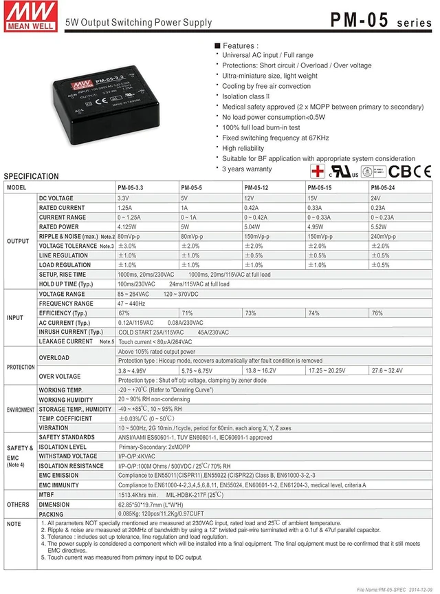 Alt view image 2 of 3 - MW Mean Well PM-05-5 5V 1A 5W Green Open Frame Single Output Switching Power Supply