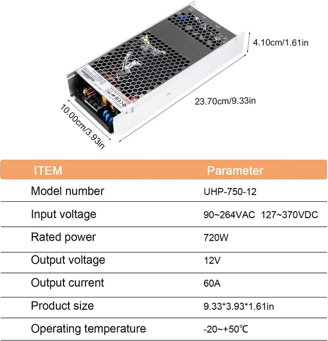 Alt view image 5 of 6 - UHP-750-12 Industrial Power Supply, 12V 60A 720W, Slim Fanless Design, 93.5% Efficiency, UL/TUV Certified, for Automation/Control Systems