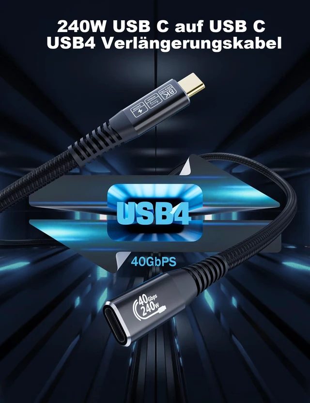Alt view image 2 of 5 - HOTUTUKI USB-C for Thunderbolt 4 Extension Cable 40Gbps Data Transfer, USB c Male to USB c Female Cable, 8K Display/PD 240W, Compatible with Thunderbolt 3/USB 4/3/SSD eGPU 2M/6.6FT