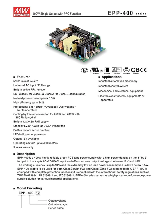 Alt view image 4 of 7 - Original Mean Well EPP Series 400W 12V Industrial Open Frame Power Supply 110V/220VAC to 12V DC 33.3 A Green PCB Power Unit PSU Transformer with PFC