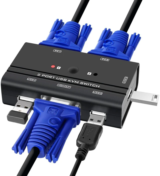 Main image of VGA USB KVM Switch, 2 Port VGA KVM Switcher Selector with Cables for 2PC Sharing 1 Video Monitor and 3 USB Devices Keyboard Mouse Printer Scanner