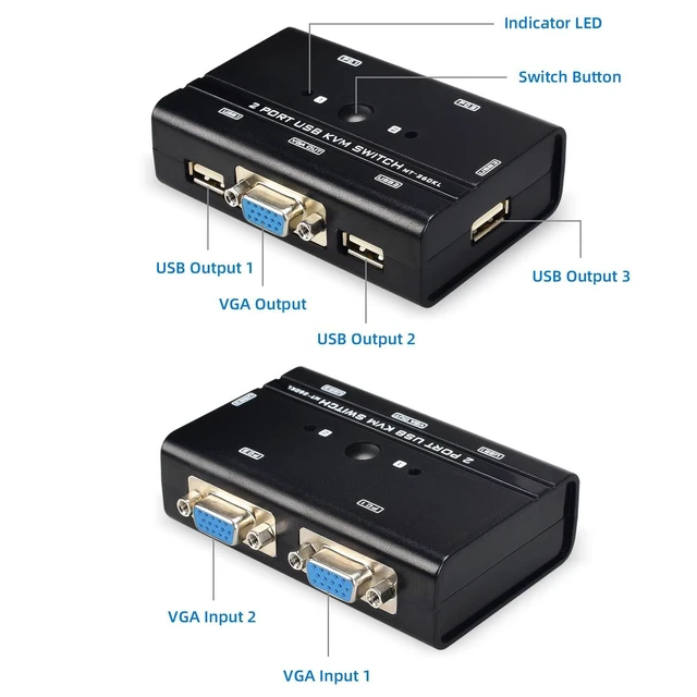 Alt view image 3 of 5 - VGA USB KVM Switch, 2 Port VGA KVM Switcher Selector with Cables for 2PC Sharing 1 Video Monitor and 3 USB Devices Keyboard Mouse Printer Scanner