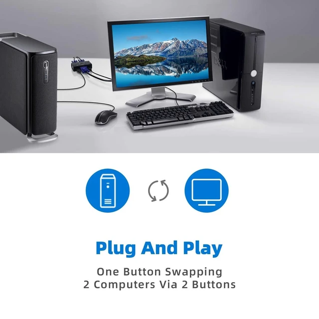 Alt view image 5 of 5 - VGA USB KVM Switch, 2 Port VGA KVM Switcher Selector with Cables for 2PC Sharing 1 Video Monitor and 3 USB Devices Keyboard Mouse Printer Scanner
