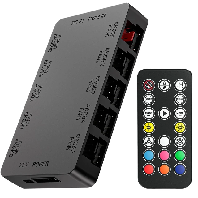 Alt view image 8 of 14 - 10-Port ARGB & PWM Fan Hub Controller - Magnetic Mount 5V/3PIN RGB PC Fan Hub with Remote Control, Chassis Key Control & SATA Power - Support 10 PWM Case Fans Splitter & ARGB Lighting Devices
