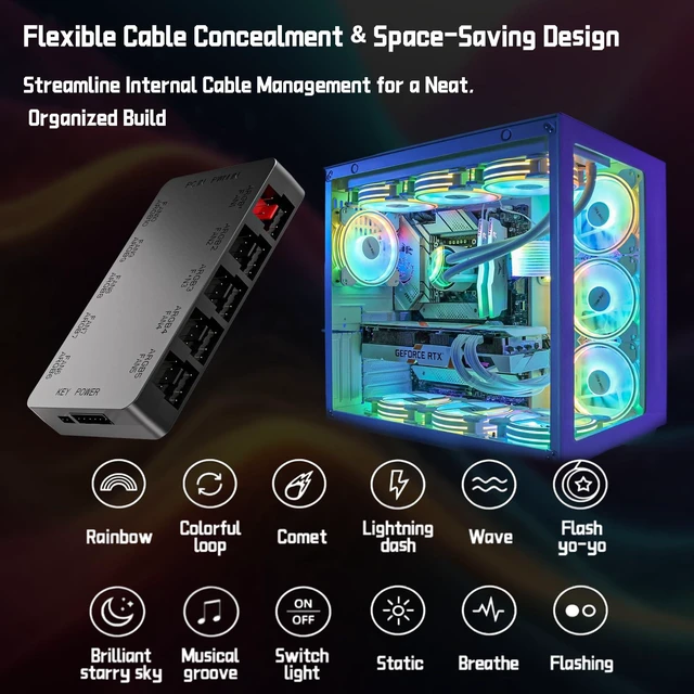 Alt view image 14 of 14 - 10-Port ARGB & PWM Fan Hub Controller - Magnetic Mount 5V/3PIN RGB PC Fan Hub with Remote Control, Chassis Key Control & SATA Power - Support 10 PWM Case Fans Splitter & ARGB Lighting Devices