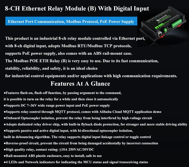 Alt view image 2 of 5 - 8-CH Relay Module via Ethernet with Digital Input, Adopt Modbus RTU/Modbus TCP Protocol, Supports PoE Power Supply/DC Power Port/Screw Terminal/DC 7~36V Wide Range Power Input