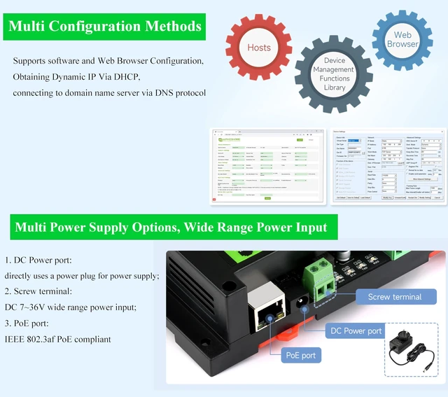 Alt view image 4 of 5 - 8-CH Relay Module via Ethernet with Digital Input, Adopt Modbus RTU/Modbus TCP Protocol, Supports PoE Power Supply/DC Power Port/Screw Terminal/DC 7~36V Wide Range Power Input