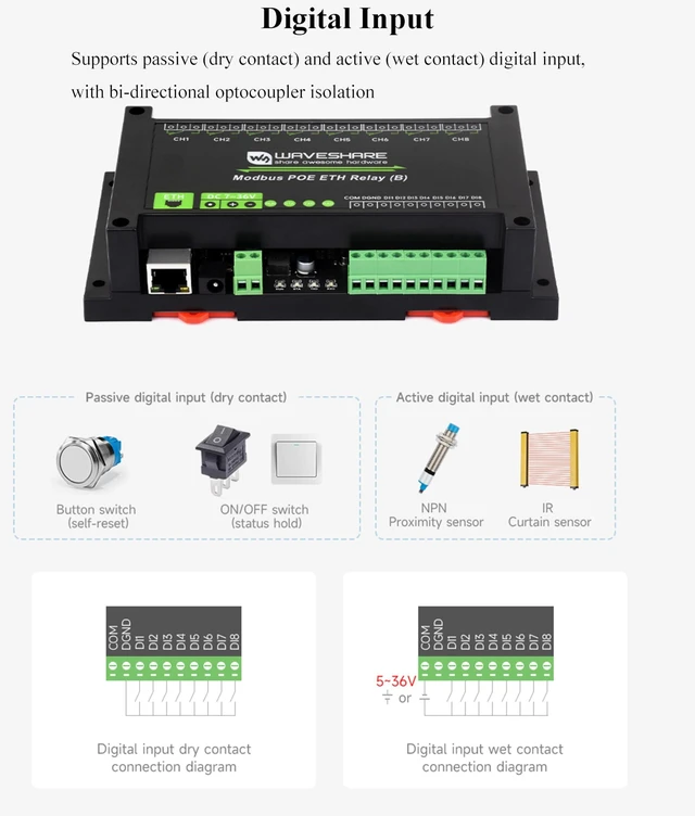 Alt view image 5 of 5 - 8-CH Relay Module via Ethernet with Digital Input, Adopt Modbus RTU/Modbus TCP Protocol, Supports PoE Power Supply/DC Power Port/Screw Terminal/DC 7~36V Wide Range Power Input