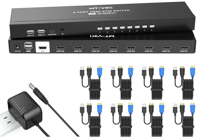 Main image of KVM Switch HDMI 8 Port, MT-VIKI 4K@30Hz USB HDMI KVM Switch 8 in 1 Out w/KVM Cables, 4 USB 2.0 Hubs Desktop Selector IR Remote & Rack Ears