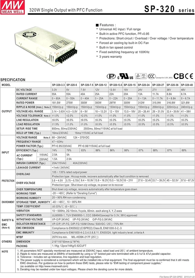 Alt view image 2 of 3 - MW Mean Well SP-320-48 48V 6.7A 320W Single Output with PFC Function Power Supply