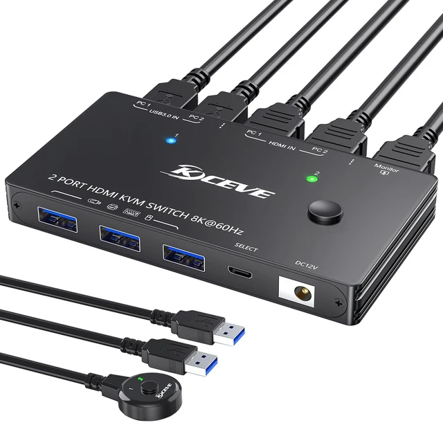 Main image of KVM Switch 2 in 1 Out USB 3.0 HDMI KVM Switch 8K@60Hz 4K@60Hz for 2 Computers Share 1 Monitor and Keyboard Mouse Printer with Remote and USB3.0 Cables