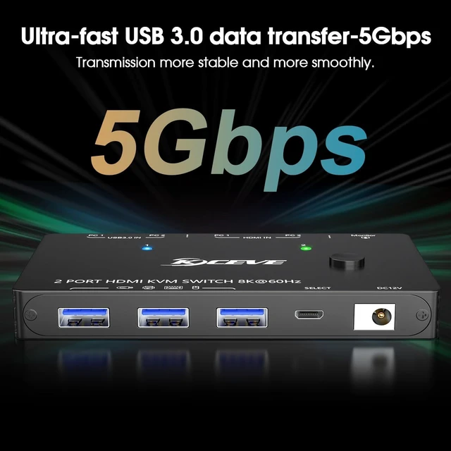 Alt view image 5 of 5 - KVM Switch 2 in 1 Out USB 3.0 HDMI KVM Switch 8K@60Hz 4K@60Hz for 2 Computers Share 1 Monitor and Keyboard Mouse Printer with Remote and USB3.0 Cables