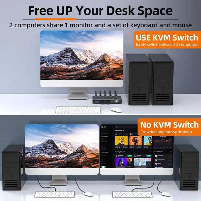 Alt view image 4 of 5 - KVM Switch 2 in 1 Out USB 3.0 HDMI KVM Switch 8K@60Hz 4K@60Hz for 2 Computers Share 1 Monitor and Keyboard Mouse Printer with Remote and USB3.0 Cables