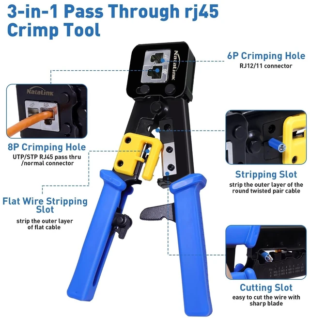 Alt view image 10 of 14 - Pass Through RJ45 Crimp Tool Cat 6 Cat 5E Cat 5 Ethernet Crimper All-in-One RJ45 Crimping Tool with 30 Pcs Cat6 RJ45 Pass Thru Connector and Replacement Blade