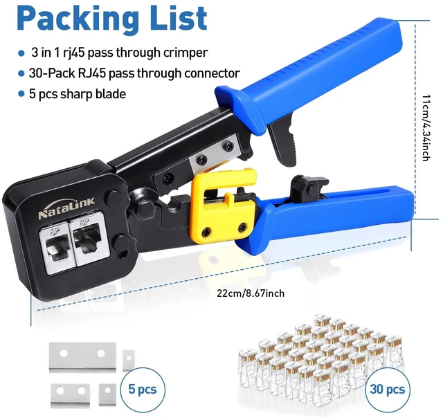 Alt view image 11 of 14 - Pass Through RJ45 Crimp Tool Cat 6 Cat 5E Cat 5 Ethernet Crimper All-in-One RJ45 Crimping Tool with 30 Pcs Cat6 RJ45 Pass Thru Connector and Replacement Blade