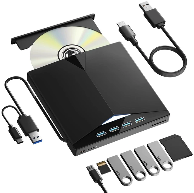 Alt view image 8 of 14 - External CD/DVD Drive for PC, Portable 7 in1 USB 3.0 CD Drive External Usb, CD Reader for PC CD Burner with 4 USB Ports and TF/SD Card Slots, External Dvd Burner for Windows 11/10/8/7/XP/Linux/MacOS