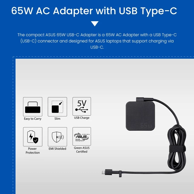 Alt view image 3 of 6 - ASUS 65W USB-C Power Adapter, Compatible with ZenBook, VivoBook, ROG, TUF, Creator Series, Chromebook, and ExpertBook Laptops. AC Charger with Supply Cord for Reliable Charging