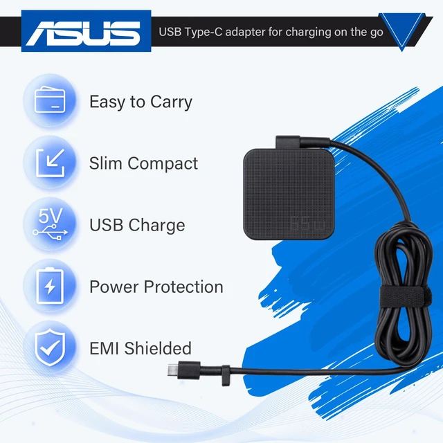 Alt view image 2 of 6 - ASUS 65W USB-C Power Adapter, Compatible with ZenBook, VivoBook, ROG, TUF, Creator Series, Chromebook, and ExpertBook Laptops. AC Charger with Supply Cord for Reliable Charging