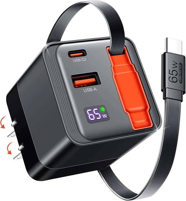 Main image of 65W Retractable USB C Charger Block PD PPS Fast Charging Wall Charger with Retractable Type-C Cable and Dual Port Portable GaN3 with Foldable Plug for MacBook iPhone 16 iPad Galaxy Pixel