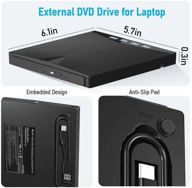 Alt view image 12 of 14 - External CD/DVD Drive for PC, Portable 7 in1 USB 3.0 CD Drive External Usb, CD Reader for PC CD Burner with 4 USB Ports and TF/SD Card Slots, External Dvd Burner for Windows 11/10/8/7/XP/Linux/MacOS