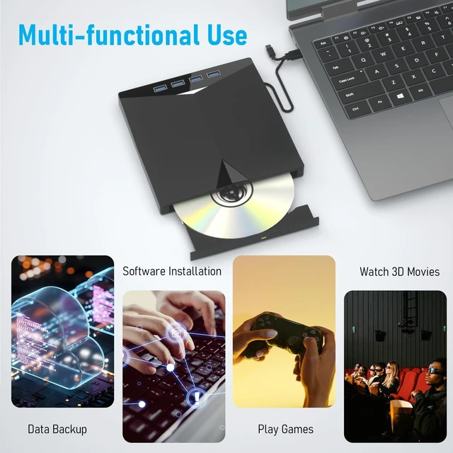 Alt view image 14 of 14 - External CD/DVD Drive for PC, Portable 7 in1 USB 3.0 CD Drive External Usb, CD Reader for PC CD Burner with 4 USB Ports and TF/SD Card Slots, External Dvd Burner for Windows 11/10/8/7/XP/Linux/MacOS