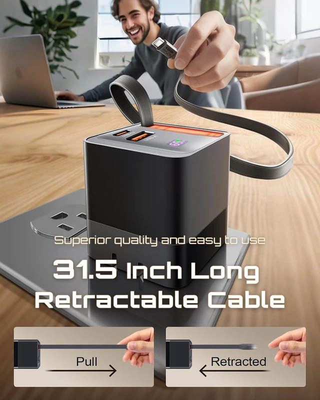 Alt view image 2 of 7 - 65W Retractable USB C Charger Block PD PPS Fast Charging Wall Charger with Retractable Type-C Cable and Dual Port Portable GaN3 with Foldable Plug for MacBook iPhone 16 iPad Galaxy Pixel