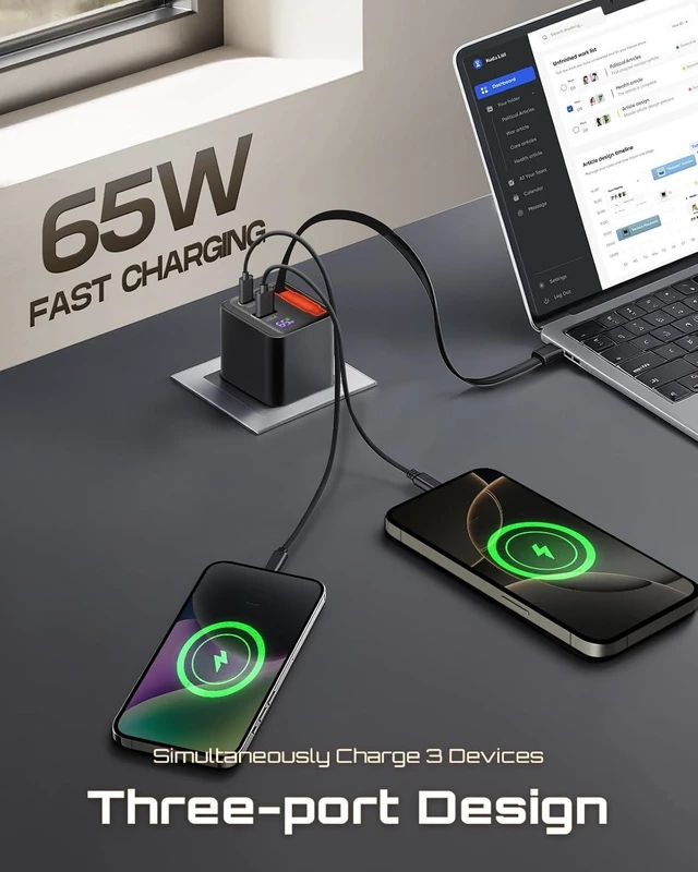 Alt view image 3 of 7 - 65W Retractable USB C Charger Block PD PPS Fast Charging Wall Charger with Retractable Type-C Cable and Dual Port Portable GaN3 with Foldable Plug for MacBook iPhone 16 iPad Galaxy Pixel