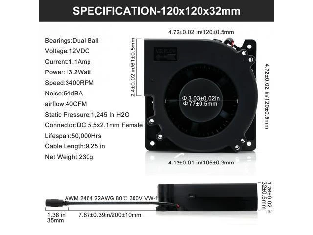 Alt view image 5 of 7 - NEW 120mm Blower 12cm 120x120x32mm 12032 Centrifugal Cooling Fan w/ AC 120V 220V to 3V - 12V 2A with Speed Controller for Grow Tent SXDOOL SXD12032B12H Dual Ball