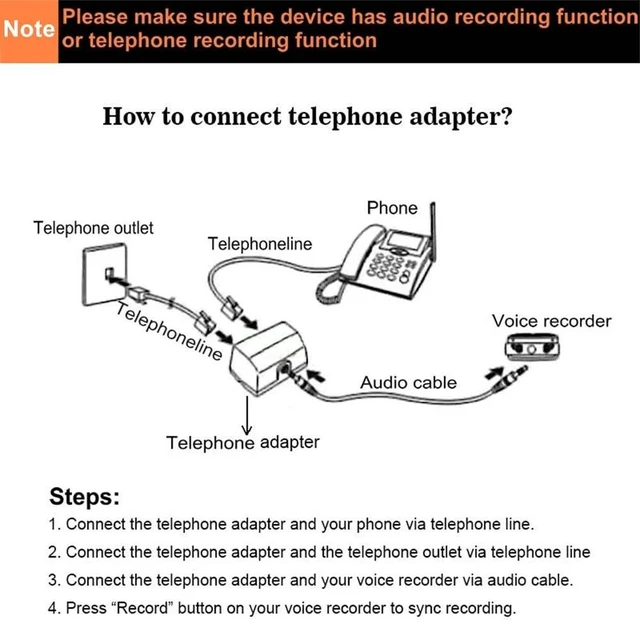 Alt view image 4 of 5 - Analog Telephone Adapter for Split The Line to Telephone and Voice Recorder, with Two RJ11 Port for Incoming and Outgoing Phone Connection and 3.5mm Audio Socket to Connect to Voice Recording Device