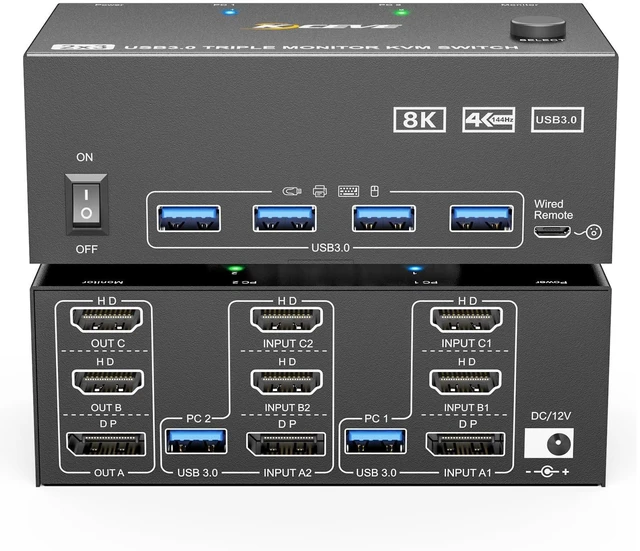 Main image of KVM Switch 3 Monitors 2 Computers 8K@60Hz/4K@144Hz, HDMI Displayport KVM Switches for 2 PC Sharing Triple Monitor and Keyboard Mouse with Power Adapter, Wired Extend Controller and USB3.0 Cables