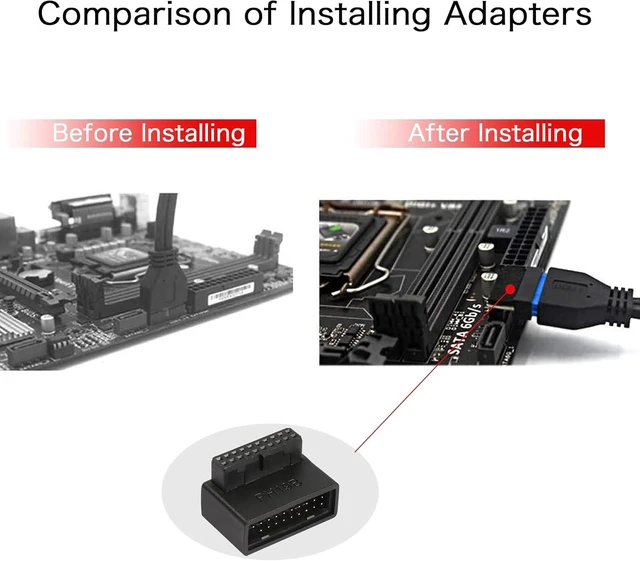 Alt view image 5 of 6 - USB 3.0 90 Degree Motherboard Adapter 19 Pin/20 Pin Male to Female Extension Adapter L Turn Right Angle Socket for Desktop Motherboard (Down Angle PH19B)