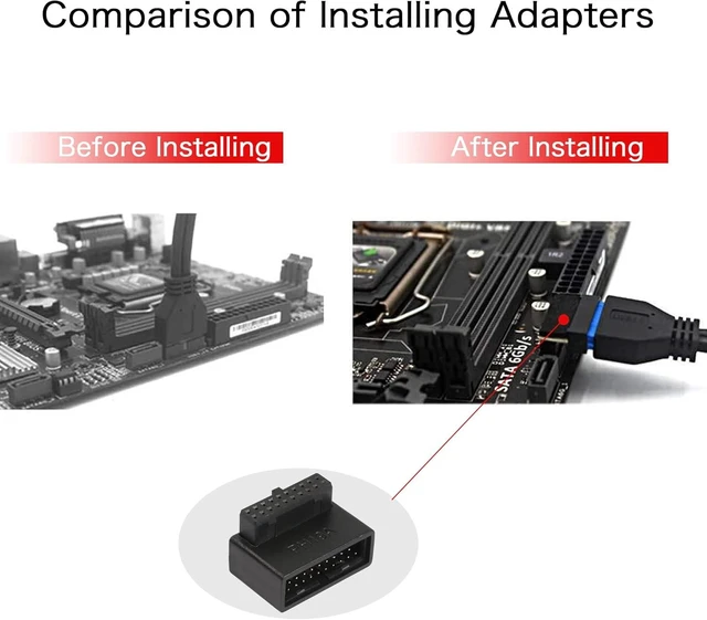 Alt view image 3 of 7 - USB 3.0 19/20 Pin 90 Degree Adapter Male to Female L Turn Right Angle Socket for Desktop Motherboard Internal Connector Up Angled(PH19A)