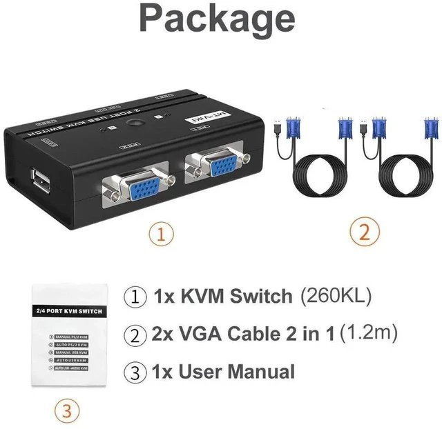 Alt view image 2 of 7 - MT-VIKI VGA KVM Switch, 2 Port USB VGA KVM Switch for 2 Computers Share 1 Monitor Keyboard Mouse Printer, + 2 KVM Cables