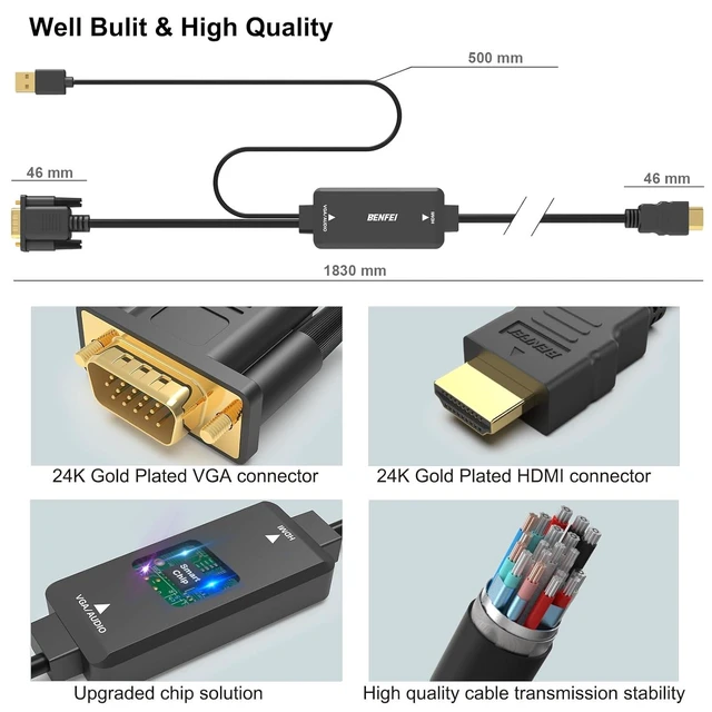Alt view image 6 of 7 - VGA to HDMI Cable with Audio 6 Feet 1080P Cable from VGA Computer/Laptop to HDMI Monitor/TV(Not Bidirectional)