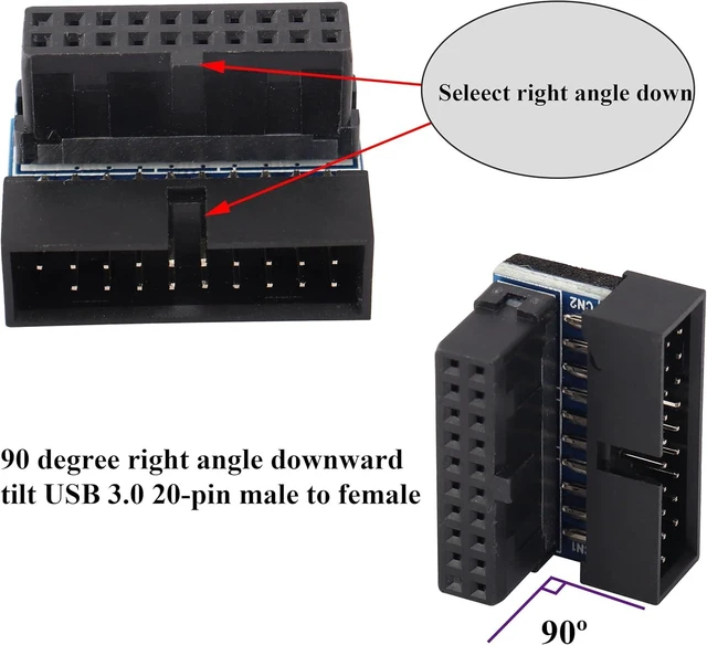 Alt view image 4 of 7 - 2 Pack Down Right Angle USB 3.0 19-pin Connector 90 Degree 19Pin/20Pin 3.0 USB Female to Male Extension Power Adapter Board for Desktop Motherboard Internal Header Adapter(Down/Black-20Pin)