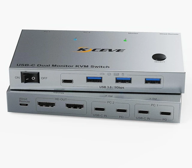 Main image of 4K60Hz Dual Laptop USB C KVM Switch Dual Monitor, Share 4 USB 3.0 Devices & PD 80W Charging, Plug and Play with Wired Remote and 2 USB-C 3.1 Cables