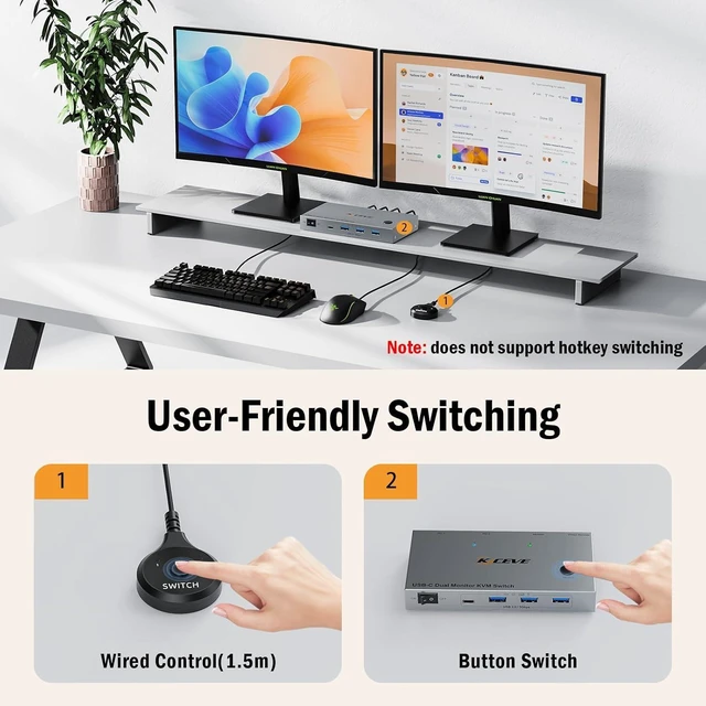 Alt view image 6 of 7 - 4K60Hz Dual Laptop USB C KVM Switch Dual Monitor, Share 4 USB 3.0 Devices & PD 80W Charging, Plug and Play with Wired Remote and 2 USB-C 3.1 Cables