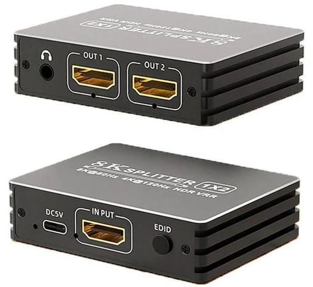 Main image of HDMI 2.1 1 in 2 Out Splitter 8K@60Hz 4K@120Hz 48Gbps Mirror Dual Monitor Splitter with 3.5mm Audio Extractor EDID HDCP2.3 Dolby Vision HDR10+ 3D for PS5 SkyQ Xbox NVIDIA AMD Switch