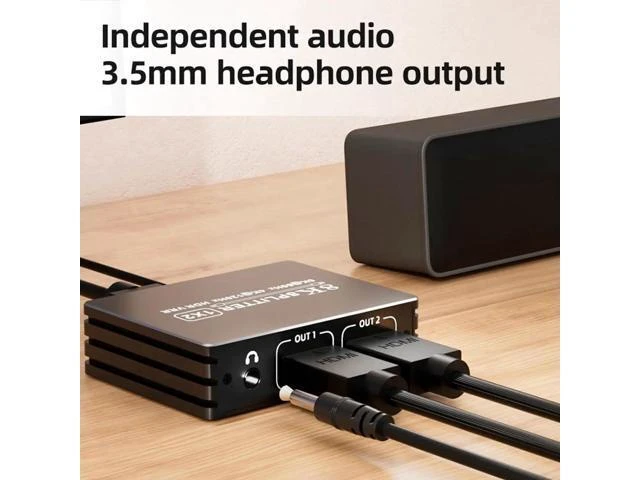 Alt view image 5 of 7 - HDMI 2.1 1 in 2 Out Splitter 8K@60Hz 4K@120Hz 48Gbps Mirror Dual Monitor Splitter with 3.5mm Audio Extractor EDID HDCP2.3 Dolby Vision HDR10+ 3D for PS5 SkyQ Xbox NVIDIA AMD Switch