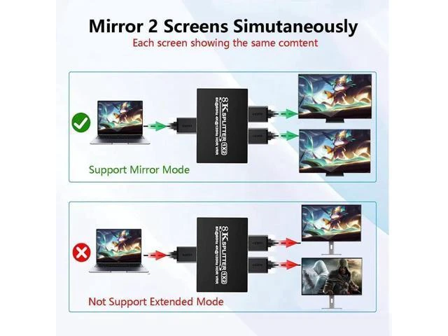 Alt view image 6 of 7 - HDMI 2.1 1 in 2 Out Splitter 8K@60Hz 4K@120Hz 48Gbps Mirror Dual Monitor Splitter with 3.5mm Audio Extractor EDID HDCP2.3 Dolby Vision HDR10+ 3D for PS5 SkyQ Xbox NVIDIA AMD Switch