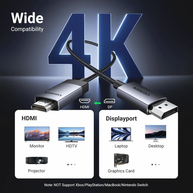 Alt view image 7 of 7 - UGREEN 4K@60Hz DisplayPort to HDMI Cable HDR Active DP 1.2 to HDMI 2.0 Cord Aluminum Braided Uni-Directional Display Port to HDMI Converter Compatible with Monitor, Projector, Dell, Lenovo, HP,