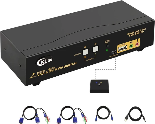 Main image of CKLau 2 Port Dual Monitor KVM DVI + VGA Extended Display with Audio, Microphone, USB 2.0 Hub and Cables