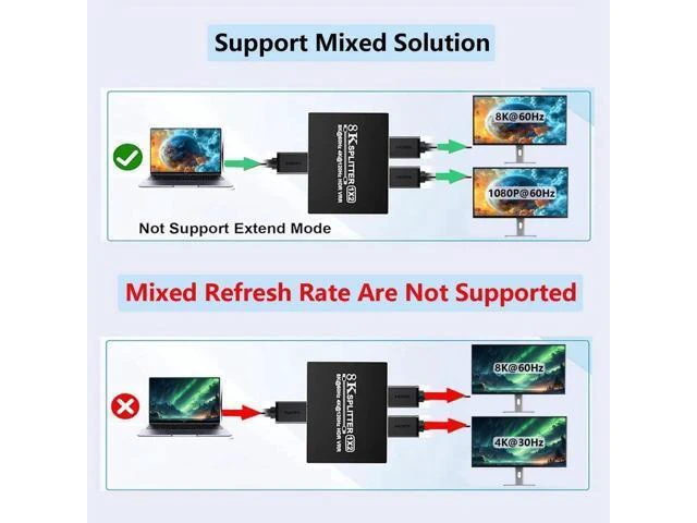Alt view image 7 of 7 - HDMI 2.1 1 in 2 Out Splitter 8K@60Hz 4K@120Hz 48Gbps Mirror Dual Monitor Splitter with 3.5mm Audio Extractor EDID HDCP2.3 Dolby Vision HDR10+ 3D for PS5 SkyQ Xbox NVIDIA AMD Switch